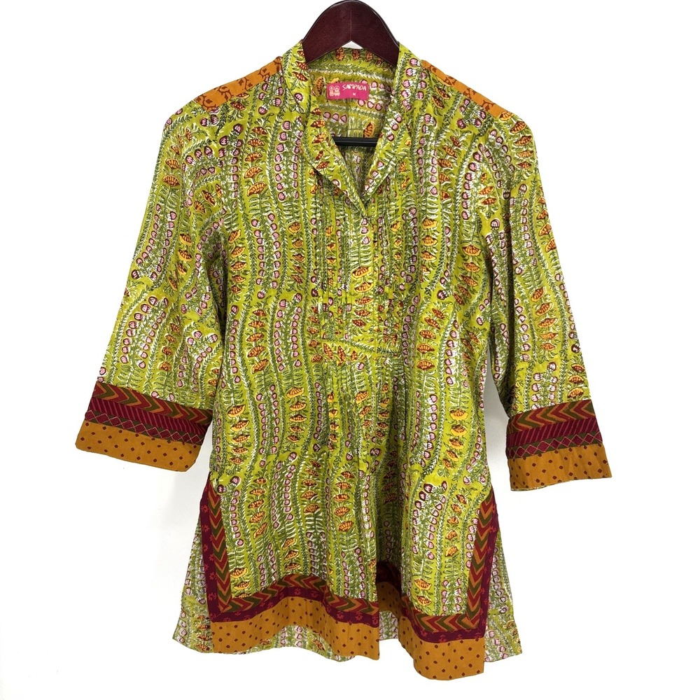 SAMPADA Indian Tunic Top Size M Lightweight Green Floral Colorful Boho